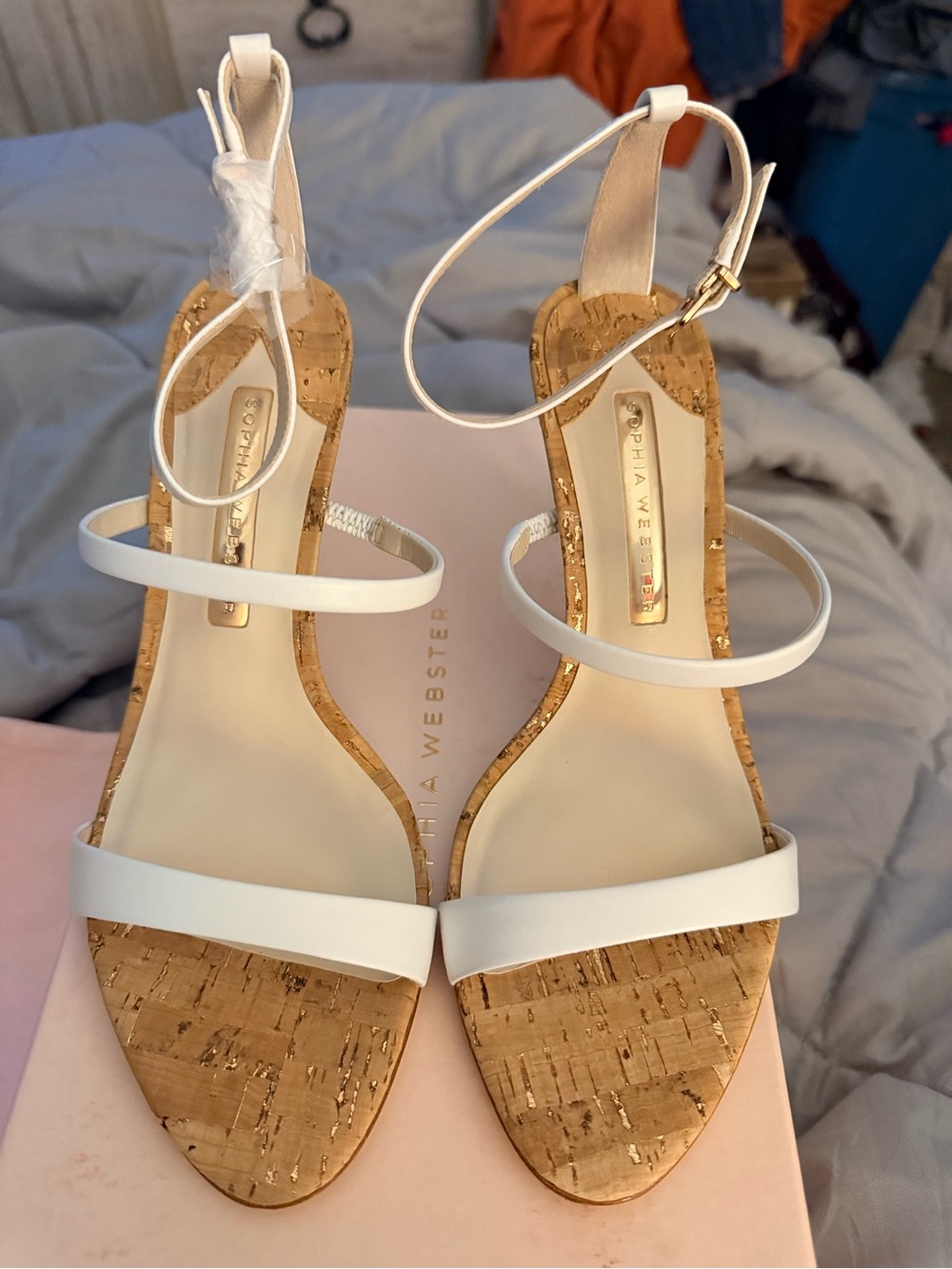 Sophia Webster White Strappy Cork-Heel Sandals - Picture 6 of 13